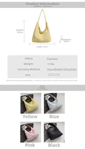 Detailed size specifications and material chart for the canvas letter tote shoulder bag