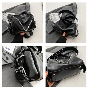 Glossy black leather tote bag with eyelet strap and silver chain from multiple angles