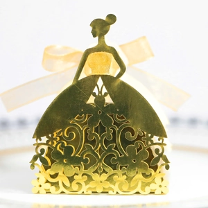 Detailed laser-cut gold gift box in female silhouette shape with floral hollow patterns