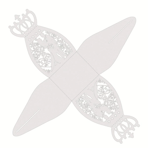Flat view of laser-cut white wedding candy box showing Mr & Mrs and crown patterns