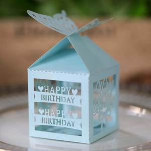 Macro detail of laser-cut light blue candy box with Happy Birthday镂空 text and butterfly