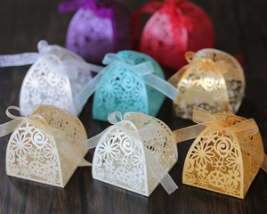 Detail of laser-cut floral pattern and organza ribbon on purple pearlescent favor box