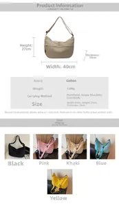 Tableau des tailles du sac nylon indiquant dimensions 40x27x10cm et options de couleurs
