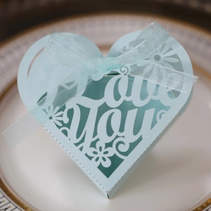 Detail of light blue heart-shaped candy box with Love You laser-cut text and ribbon