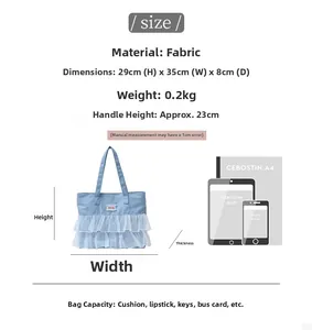 Size chart for denim tote bag showing dimensions 35x29x8cm with capacity details