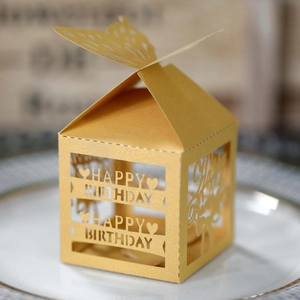 Detail of laser-cut butterfly gift box with Happy Birthday镂空 and golden pearl finish