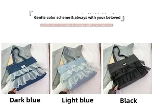 Detailed comparison of denim tote bags with lace trim in dark blue, light blue, and black