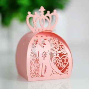Detailed laser cut pink wedding candy box with Mr & Mrs silhouette and crown top