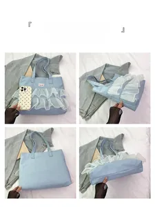Detailed four-way view showing the front, side, back and bottom of the denim tote bag