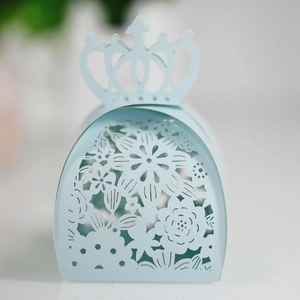 Light blue laser-cut crown candy gift box for wedding parties with intricate floral patterns