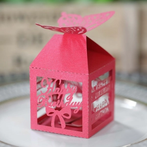 Detail of pink laser-cut butterfly gift box with Happy Birthday lettering on white plate
