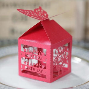 Macro view of laser-cut butterfly gift box in red paper with Happy Birthday hollow text
