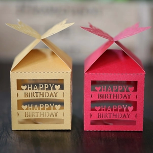 Detail of laser-cut Happy Birthday hollow butterfly candy gift boxes in red and gold