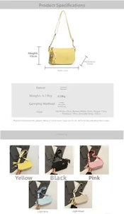 Detailed size chart for stylish crossbody bag showing dimensions and five color options