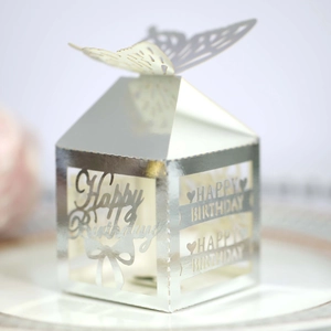 Detailed macro view of laser-cut silver gift box with butterfly top and Happy Birthday text