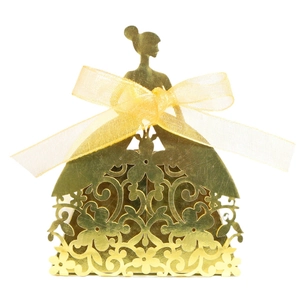 Laser-cut princess dress wedding candy box in gold pearlescent paper with yellow bow