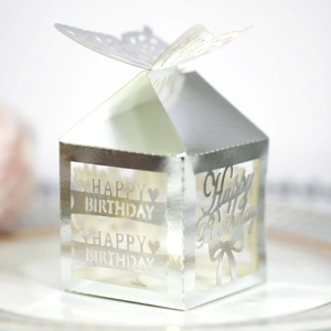 Detailed laser-cut silver gift box with butterfly top and Happy Birthday hollow lettering
