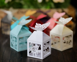 Macro detail of laser-cut Happy Birthday hollow candy boxes with 3D butterfly lid