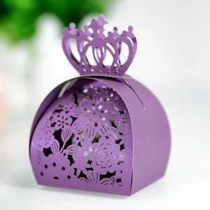 Detailed laser-cut purple crown candy box with intricate floral and geometric patterns