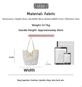Guide des tailles du sac cabas floral montrant dimensions et compatibilité