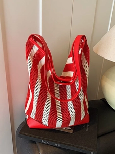 Sac Seau en Filet à Rayures Grande Capacité pour Femmes Mode Sac Cabas Évidé Sac à Main de Plage d'Été de Vacances