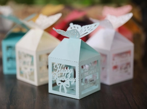 Detailed laser-cut Happy Birthday candy box with 3D butterfly lid and ribbon pattern
