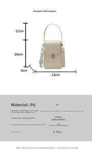 Detailed size chart of cream woven mini crossbody bag with dimensions and strap info