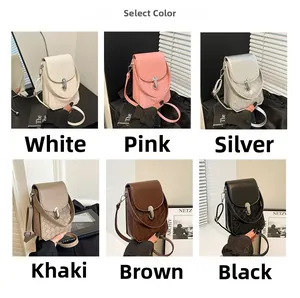 Mini woven crossbody bags shown in six colors: white, pink, silver, khaki, brown, and black