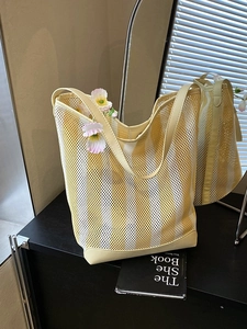 Sac seau élégant en mesh à rayures jaunes et blanches avec bordure en cuir et grande capacité