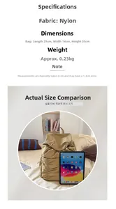 Dimensions détaillées du sac à dos en nylon kaki avec cordon de serrage et poches latérales