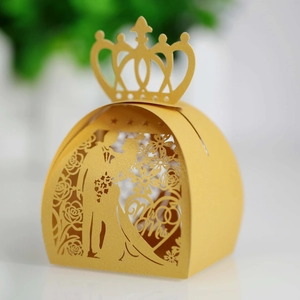 Laser-cut Mr & Mrs wedding favor box with crown and hollow rose silhouettes