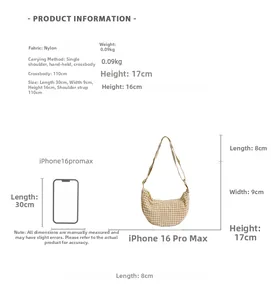 Detailed size comparison of yellow plaid canvas bag against a smartphone with dimensions