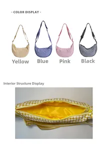 Detail of checkered canvas crossbody bags in four colors with inner yellow lining view