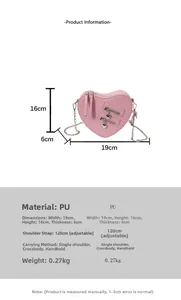 Size chart showing dimensions for pink heart-shaped PU leather chain crossbody bag
