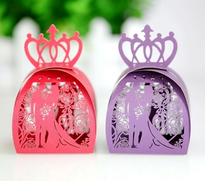 Detailed laser-cut wedding favor box with Mr & Mrs silhouette and crown design
