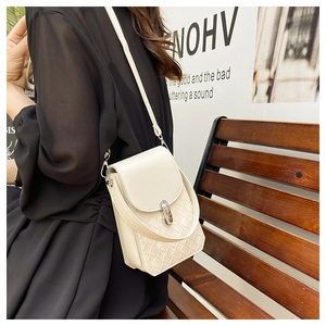 Detail of off-white woven square bag with silver twist lock and slim shoulder strap