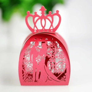 Detailed laser cut red wedding favor box with crown top and Mr & Mrs silhouette