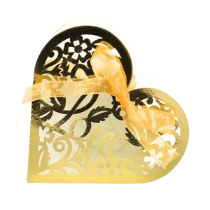 Golden heart laser-cut candy box with floral patterns and a yellow organza ribbon