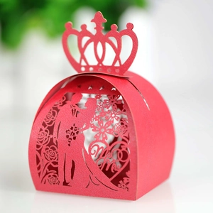 Red laser-cut wedding favor box with Mr & Mrs silhouette and elegant crown detail