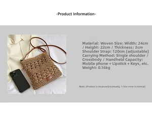 Detail view of a woven crossbody bag showing 24x22x2cm dimensions and interior capacity