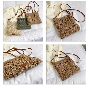 Detailed views of woven hollow crossbody bags in beige, olive green, and caramel shades