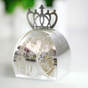 Detailed laser-cut silver crown wedding favor box with Mr & Mrs silhouette and rose pattern