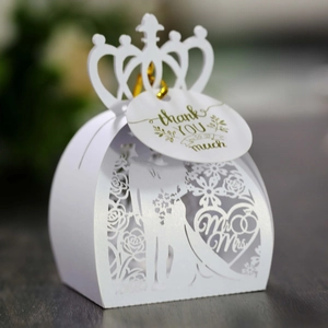 Detailed laser cut wedding candy box with bride and groom silhouette and crown top