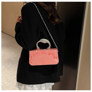 Pink marble texture box clutch bag with elegant silver metallic handle and chain detail