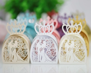 Laser-cut wedding favor boxes with crown top and Mr & Mrs silhouette in multiple colors