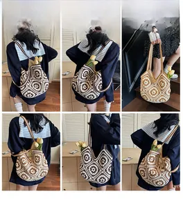 Vues détaillées du sac fourre-tout au crochet bohème avec motifs floraux géométriques