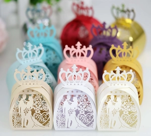 Detailed laser-cut hollow crown wedding favor boxes featuring Mr & Mrs silhouettes in multiple colors