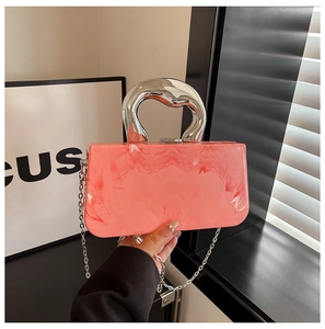 Pink marble acrylic evening bag with metallic handle and silver chain strap