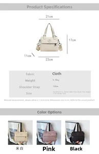 Detailed dimension guide for trendy nylon crossbody bag with size specifications and colors