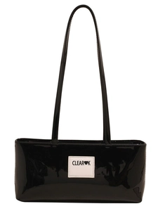 Minimalist black patent leather shoulder bag with a white logo patch for women